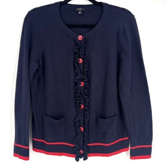 Talbots Super Cute Sailor Nautical Ruffle Cardigan Sweater Red Blue Petite Large - Picture 1 of 9